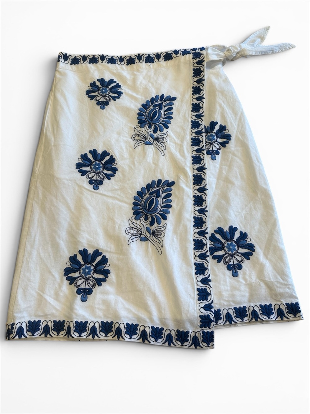 Soft Surroundings Linen Blend M Women's White and Blue Floral Wrap Skirt Boho